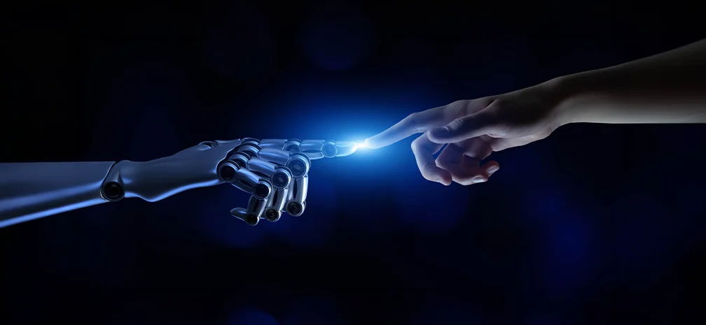AI in Content production: Human hand and robotic hand touching with blue light on dark background