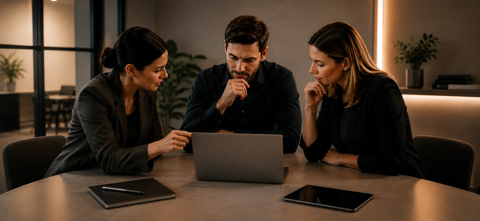 Marketing team reviewing information on a laptop during an office meeting.