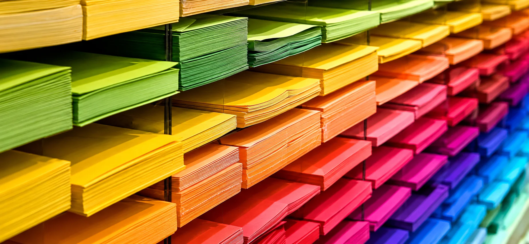 Colorful stacks of paper arranged by shade on shelves